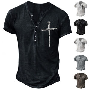 Mens Short Sleeve Vintage T Shirt Casual Baggy Button-up Retro Tops Daily Tee AU