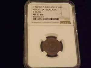 1790 1/4 P MIDDLESEX PIDCOCK TOKEN Great Britain NGC MS 63 BN - Picture 1 of 2