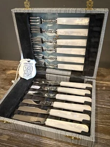 Vintage Kirk & Matz Pearlite Handle Fruit Utensil Stainless Set - 1960s - Unused - Picture 1 of 7