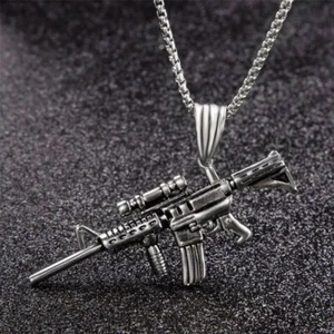 AR15 GUN/RIFLE PENDANT CHAIN/NECKLACE Pistol Machine Gun Jewelry Grey - Picture 1 of 8