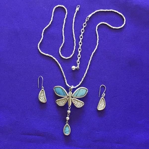 Juego de collar y pendientes colgantes peruanos de plata de ley 850 libélula azul 21+3 - Imagen 1 de 8