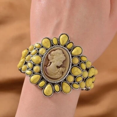 Pulseira amarela Howlite e Cameo em tom de prata (7") 26,00 ctw - Imagem 1 de 3