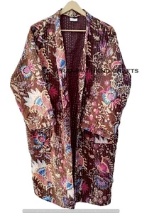 Indian Mukat Print Brown Kantha Quilted Hippie Jacket Front Open Wear Mid-length - Picture 1 of 6