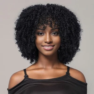 Women Short Synthetic African Curly Wig with Bangs Black Elastic Curls - Picture 1 of 16