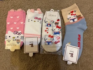 Hello Kitty Socks Variety 4 Pairs Red White Pink No Show fits Sz 5 To 10 - Picture 1 of 5