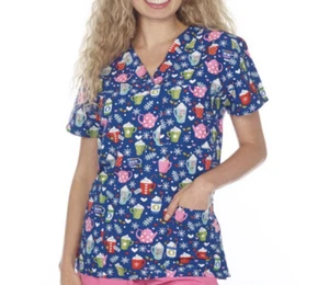 NWT Women's Medium Mocha Me Happy Holiday Print I Love Scrubs Scrub Top - Picture 1 of 1