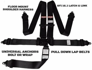 SPORTSMAN DRAG RACING HARNESS SFI 16.1 LATCH & LINK FLOOR MOUNTED 5 POINT BLACK - Picture 1 of 10