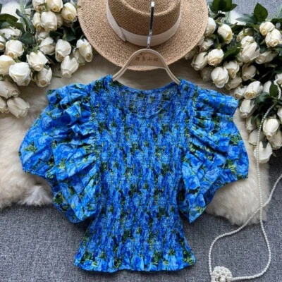 Women Floral Shirred Blouse Shirt Short Sleeve Top Ruffle Summer Casual New - Image 1 of 4