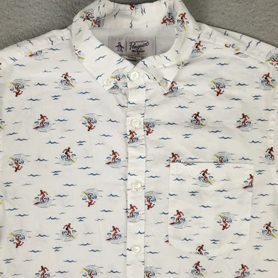 Penguin Shirt Mens Size Medium White Blue Surfiing Button Up Short Sleeve - Image 1 of 4