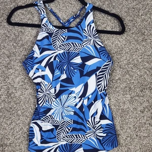 Nautica Tankini Swimsuit Top Womens M Blue Floral Leaf Criss Cross Strappy Back - Picture 1 of 11
