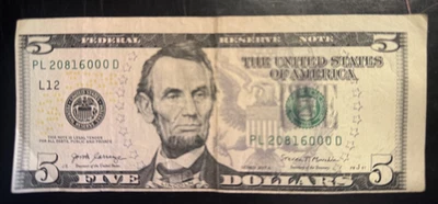 2017A  $5.00 Circulated Note   Off Center Front and Back   PL2081600D - Image 1 of 3