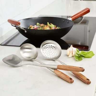 Juego de utensilios de wok Cuisinart 3 giradores cucharón skimmer mango de madera de acacia inoxidable Foto 1 de 4