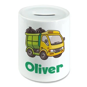Personalised Any Name Garbage Truck, Bin Lorry Kids Savings Money Box Piggy Bank - Foto 1 di 2