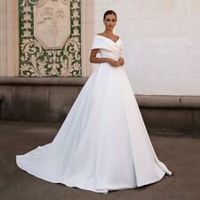 Gorgeous Ball Wedding Dresses Off Shoulder V Neck Simple Satin Gowns Sweep Train