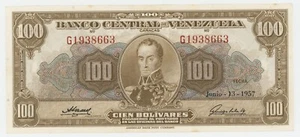 Venezuela 100 Bolivar 13-6-1957 Pick 34.c aUNC fast unzirkulierte Banknote - Bild 1 von 2