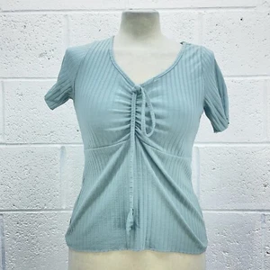 DOROTHY PERKINS MINT GREEN RIBBED TSHIRT FRONT RUCHED VNECK PETITE UK M - Picture 1 of 6