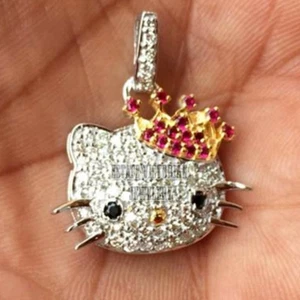 1.31Ctw Round Diamond 14Kt Solid White Gold Gemstone Hello Kitty Pendant Jewelry - Picture 1 of 2