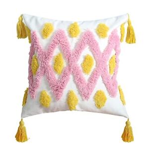 Tufted Embroidery Cushion Cover 18x18 Mexico Handmade Fluffy 18" x 18" Pink