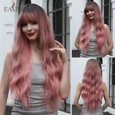 EASIHAIR Long Pink Ombre Wavy Synthetic Wigs with Bangs Natural Wave Hair Wigs