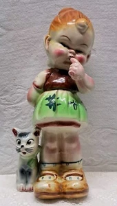 VTG Kitschy Ceramic Red Headed Girl And Her Cat So Ugly She's Cute 1940s Japan - Picture 1 of 7