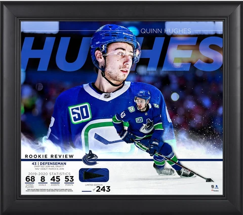 Quinn Hughes Canucks Frmd 15" x 17" Rookie Collage & Piece of GU Puck - LE 243 Cover