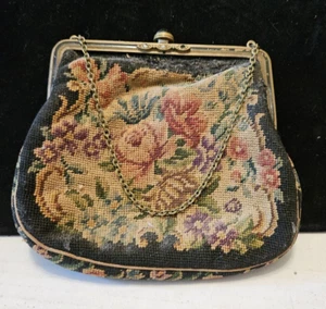 Antique Victorian Tapestry Purse Bag Chain 1910 Metal Frame Engraved - Picture 1 of 15