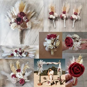 Pampas Grass Bridal Bouquet BOHO Burgundy Sola Wood Tan Cream Ivory Bridesmaid - Picture 1 of 23