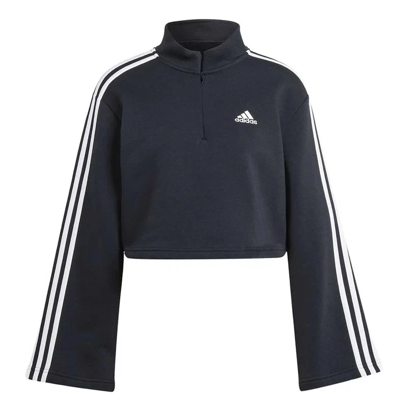 adidas 3 Stripe Quarter Zip Sweatshirt Womens XS Black HZ5750 Crop