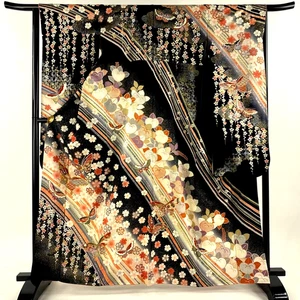 Japanischer Kimono SEIDE "FURISODE" + Obi-JIME,SAKURA,GLD/SIL Blatt,Faden,L5'4".4439 - Bild 1 von 19
