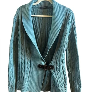 Lauren Ralph Lauren Damen Pullover mit Zopfmuster und Gürtel Gr. Large blau grün - Bild 1 von 6