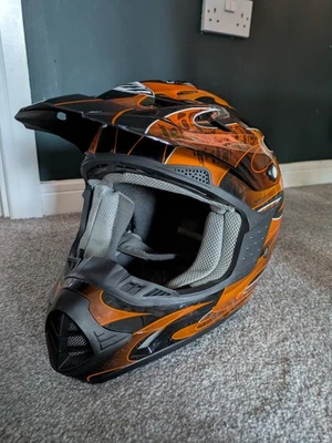 THH Motorcross Motorcycle Helmet L/XL Cool Flame Design Black And Orange Great - Image 1 of 3