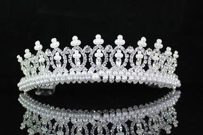 PEARL N AUSTRIAN RHINESTONE CRYSTAL TIARA HAIR COMBS CROWN BRIDAL WEDDING T1533 - Image 1 of 4