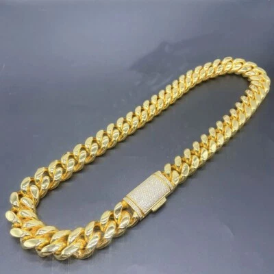 12 MM Real Moissanite 14K Yellow Gold Over Men's Cuban Link Long Chain 18 Inch - Image 1 of 4