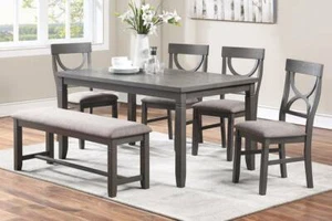 White / Grey 6-PC Rustic Design Casual Dining Set (Table+Bench+4 Chairs) - Picture 1 of 3