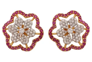 1.57ct Natural Round Diamond 14k BIS Hallmarked Yellow Gold Ruby Stud Earrings - Picture 1 of 5
