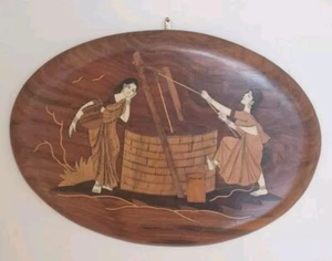 Vintage Marquetry Wood Wall Plaque 13.5" Inlay Wall Art Oval  2 Women At A Well - Picture 1 of 11
