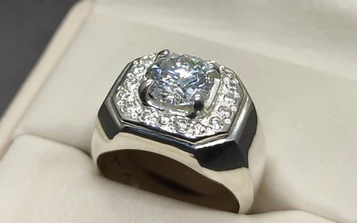 Diamond Cut Rare Fire Moissanite Diamond Sterling Silver 925 Handmade Mens Ring - Image 1 of 4