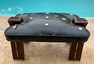 Vintage Wood and Leather Decorated Moroccan Saddle Foot Stool Rest Ottoman - Picture 1 of 21