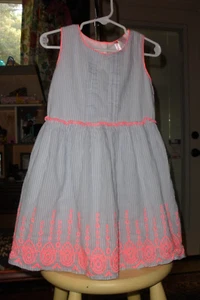 Japna Kids Girls Blue Striped Fully Lined Dress with Pink Embroidery Size 4 - Picture 1 of 5