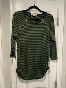 Michael Kors Size XL Black Green Stripe 3/4 Sleeve Tunic Top Gold Zipper Detail - Picture 1 of 12