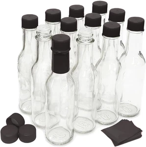 Bottiglie per salsa calda con tappi neri e fasce termoretraibili, 5 oz - Astuccio da 12 - Foto 1 di 12
