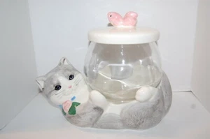 Gray Cat w/Glass Fish Bowl Cookie Treat Jar, Vintage New In Box Treasure Craft  - Picture 1 of 12