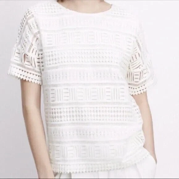 Top Vince Geométrico Encaje Crochet Manga Corta Forrado 100% Algodón Blanco Mujer XS Foto 1 de 4