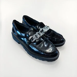Steve Madden Black Patent Leather Loafers Diamond Chain Links Girls Size 4 - Picture 1 of 11