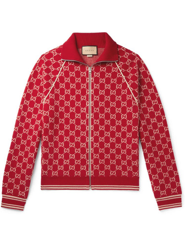 GUCCI Giacca Bomber Logo Intarsio Lana e Cashmere Miscela Rosso