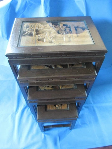Four Oriental Hand Carved Nesting Stack Tables End Mid Century Modern Cover