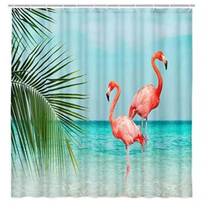 Beach Flamingo Shower Curtain Blue Teal Sea Pink Flamingo Bath Curtain Tropical - Image 1 of 4