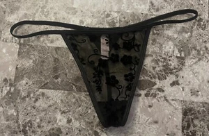 VICTORIA'S SECRET S/M BLACK FLOCKED FLORAL MESH VINTAGE RARE V STRING PANTIES - Picture 1 of 6