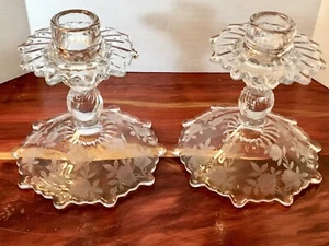 Vintage Etched Glass Candlesticks Set Of 2 Mint Condition - Picture 1 of 9
