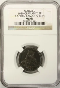 Germany 25 Pfennig 1920 NGC MS 61 UNC Iron City of Aachen Lamb-1.5 Notgeld - Picture 1 of 4